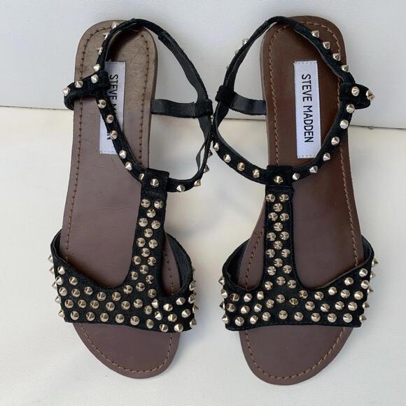 Steve Madden Black Headed Sandals Flats Gladiator Sz 8.5 - Picture 1 of 11